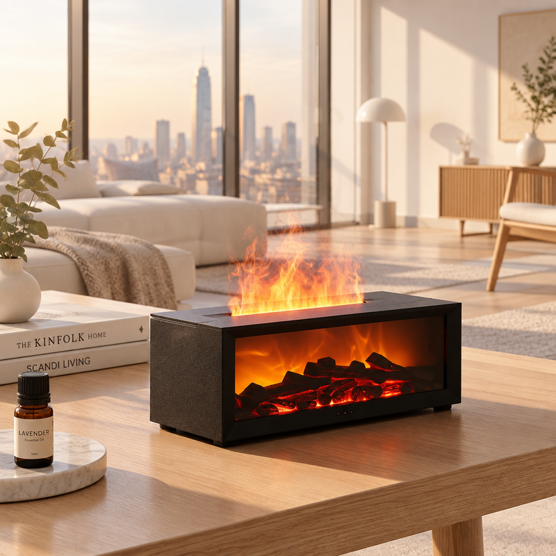 Modern electric fireplace with flames on a wooden surface, featuring text about timing shutdown and protection features.